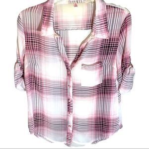 Bongo Women’s Chiffon Semi Sheer Plaid Button Down Rolled Sleeve Blouse